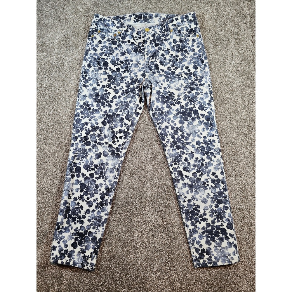 Michaelโ Kors Floral Skinny Jeans Blue White Gold Hardware Size 8 Stretch Denim